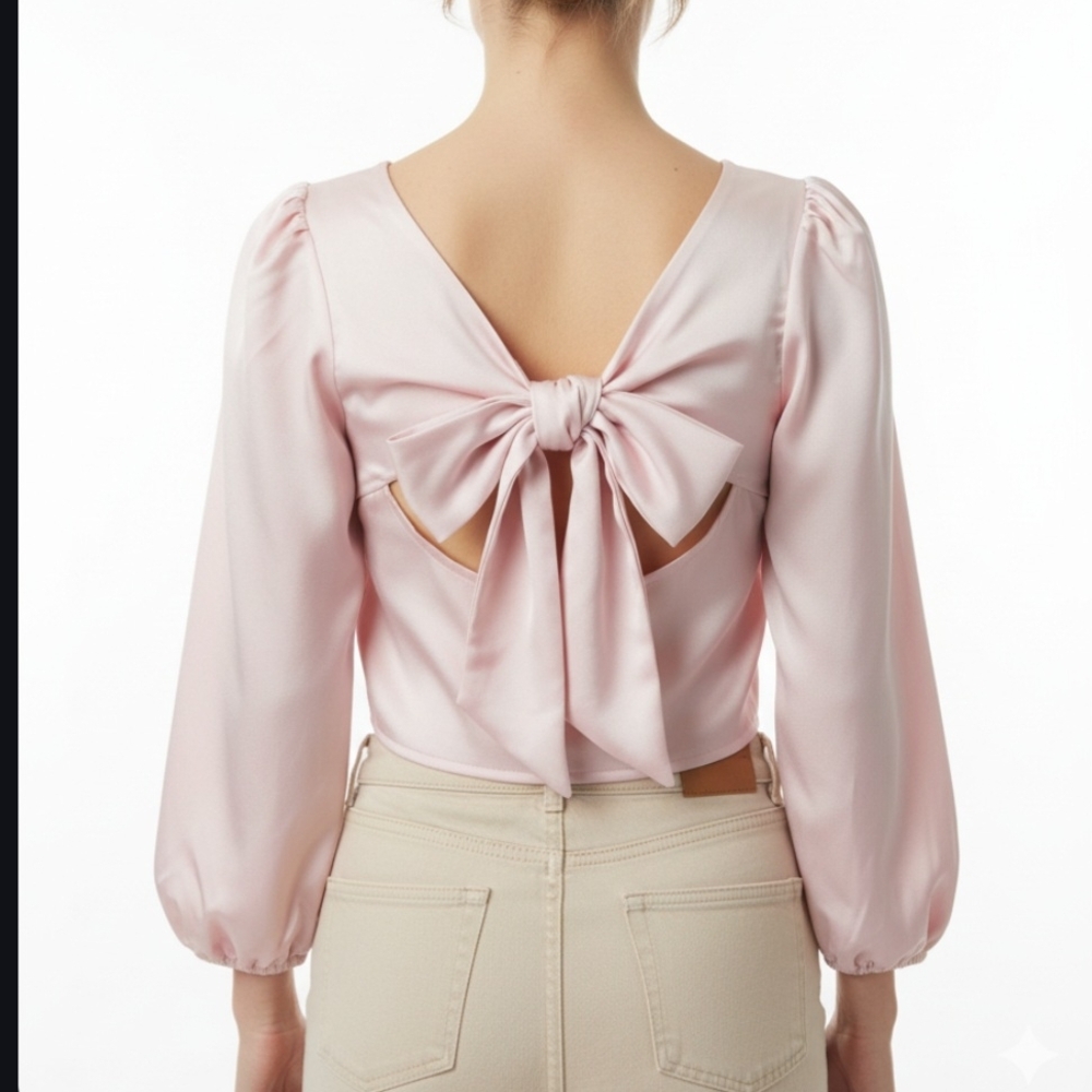 Style House Pink Long Sleeve Open Back Bow Tie Crop Blouse Large